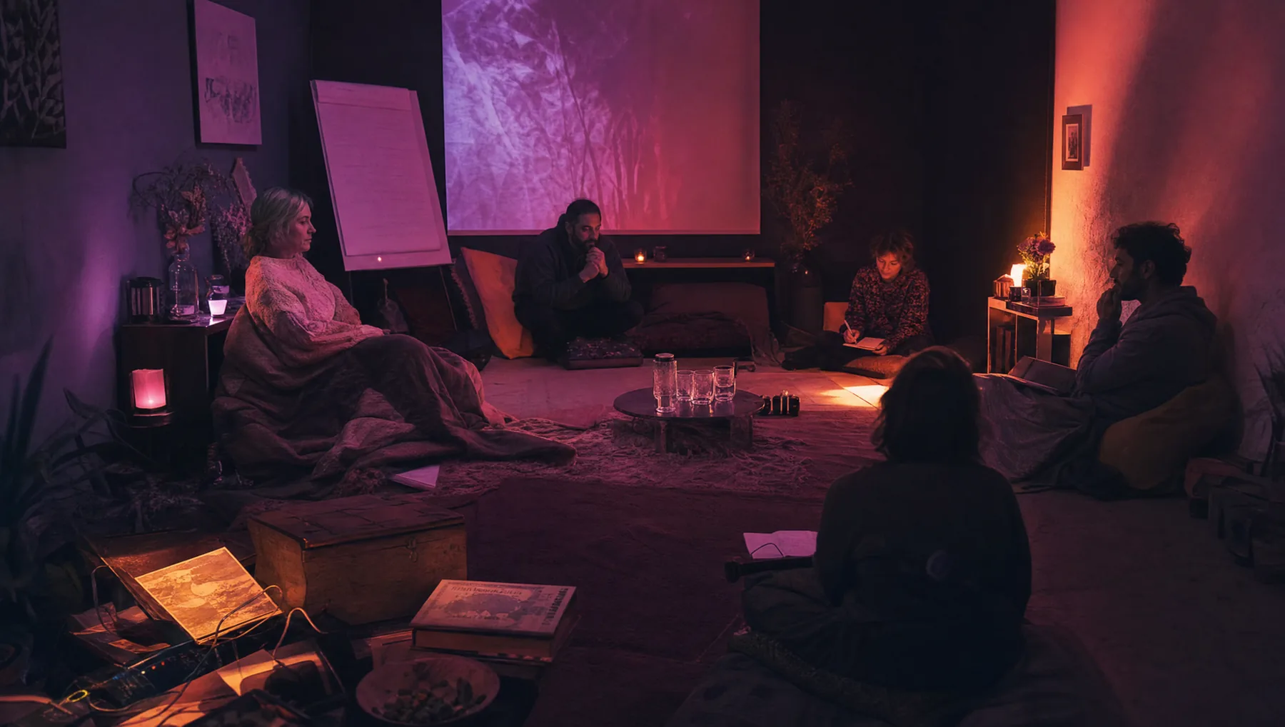 A screened Second Sky Horizon Session with participants recording observations in a projection-lit room