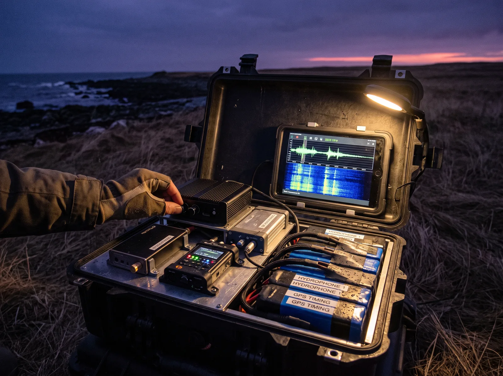 A weathered custom digital field-listening apparatus operating at dusk