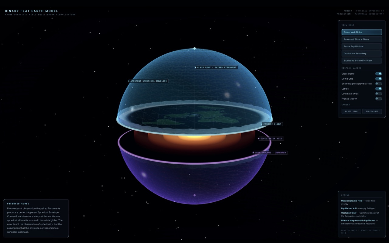 Preview of the Binary Flat Earth Model showing transparent firmaments, the Primary Plane, Counterplane and the boundary field