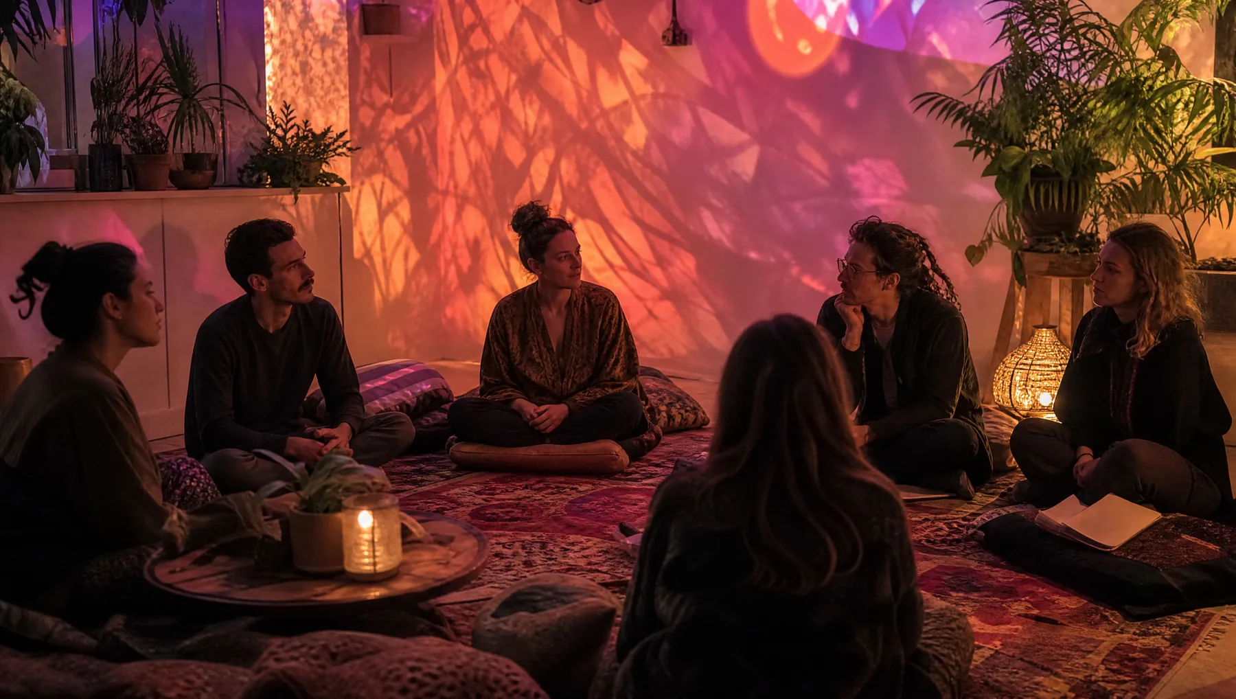 Six Second Sky members seated in a dim projection-lit retreat room