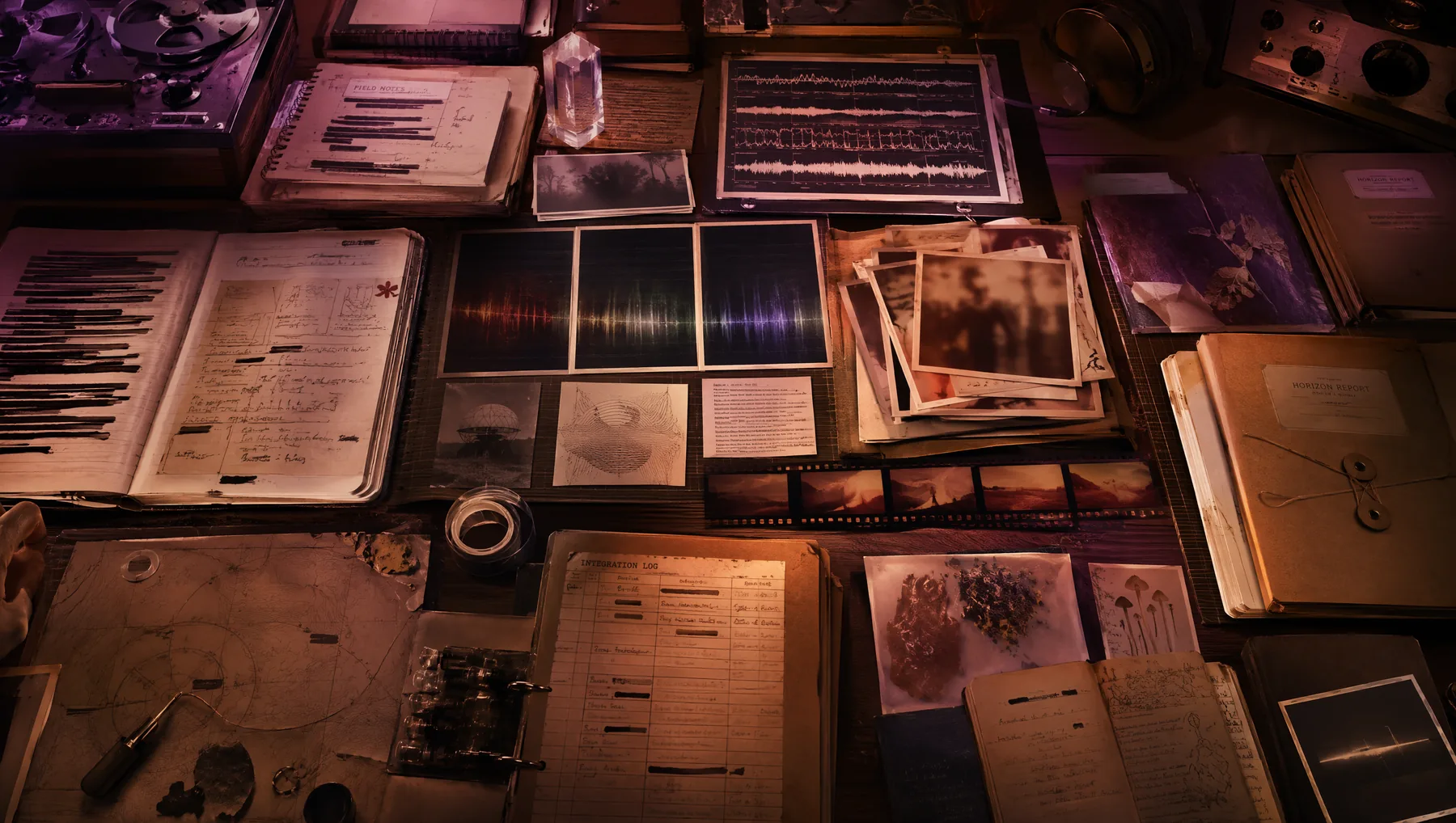A Second Sky archive table containing notebooks, waveform plates, field photographs and historical recording media